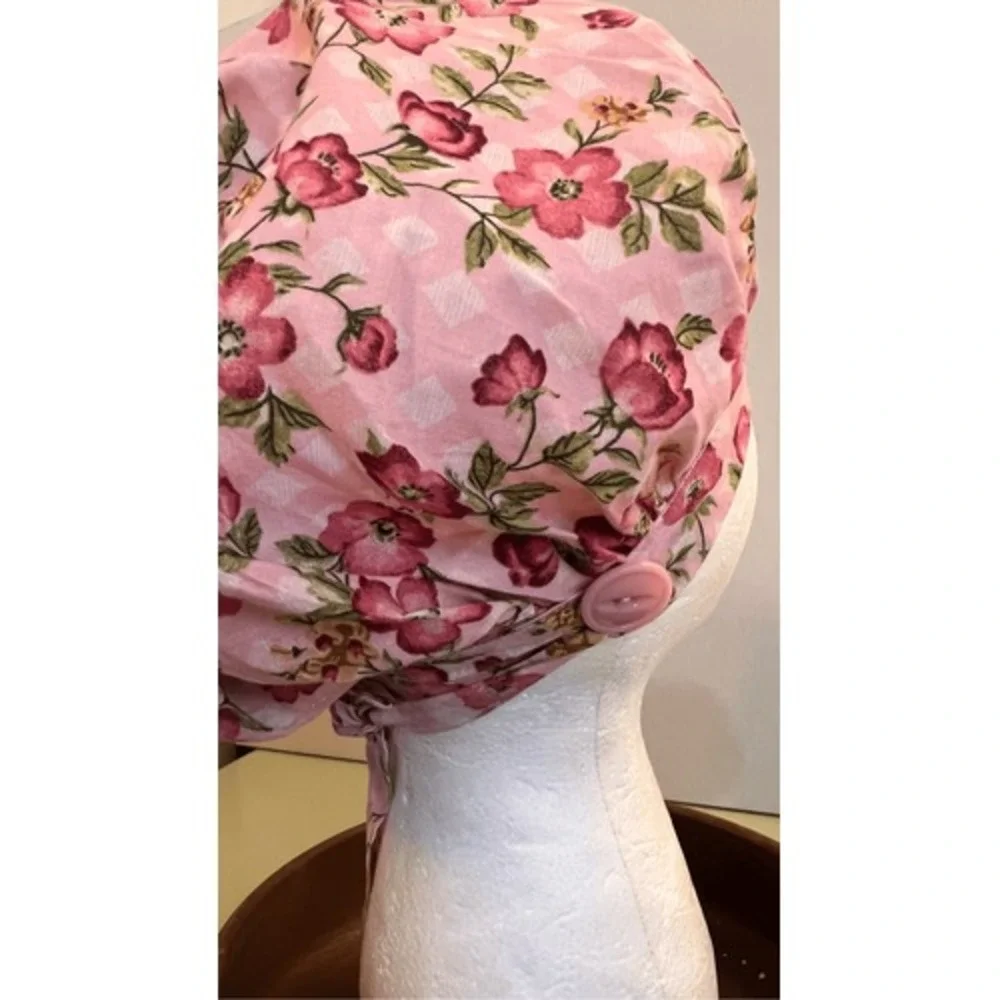 Vintage handmade Floral Print Hair‎ Bonnet Hat Sleeping Tie Button - Picture 4 of 9